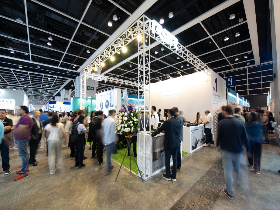 Electronics exhibition booth with LED feature wall